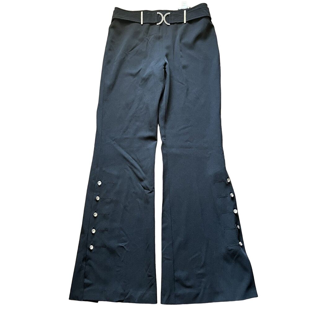 Joseph Ribkoff Wide Flare Leg Leg Pants Front Zip Black Rhinestone Belt FLAW!